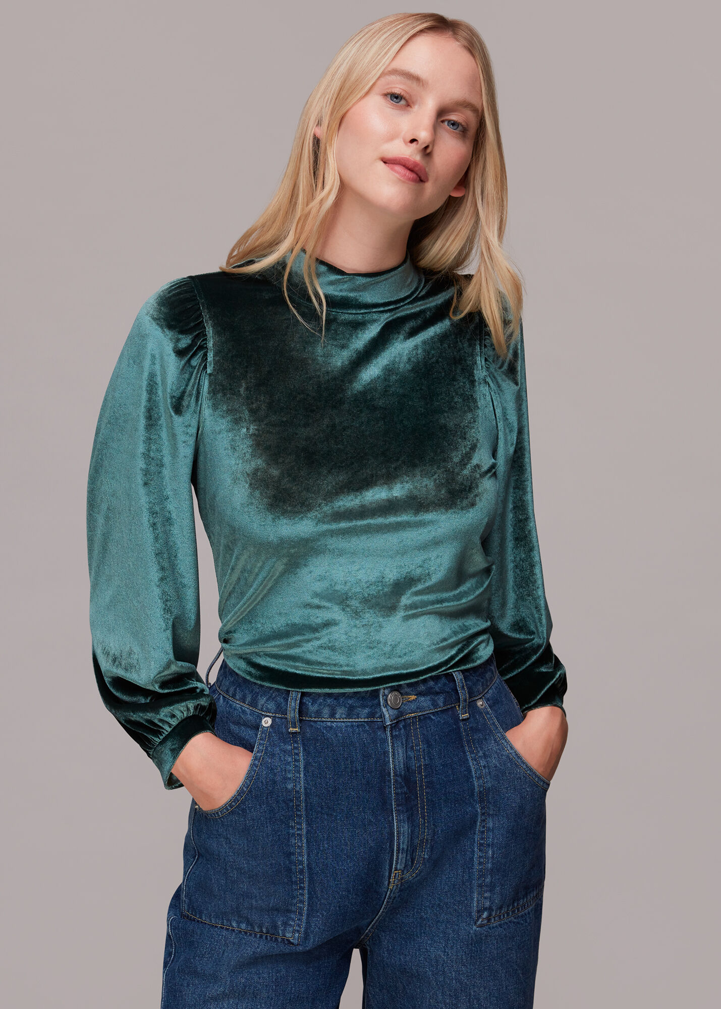 Dark Green High Neck Velvet Top | WHISTLES | Whistles ROW |