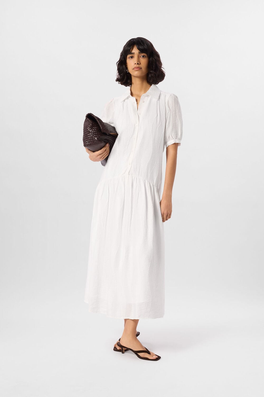 White Textured Drop Waist Midi Dress