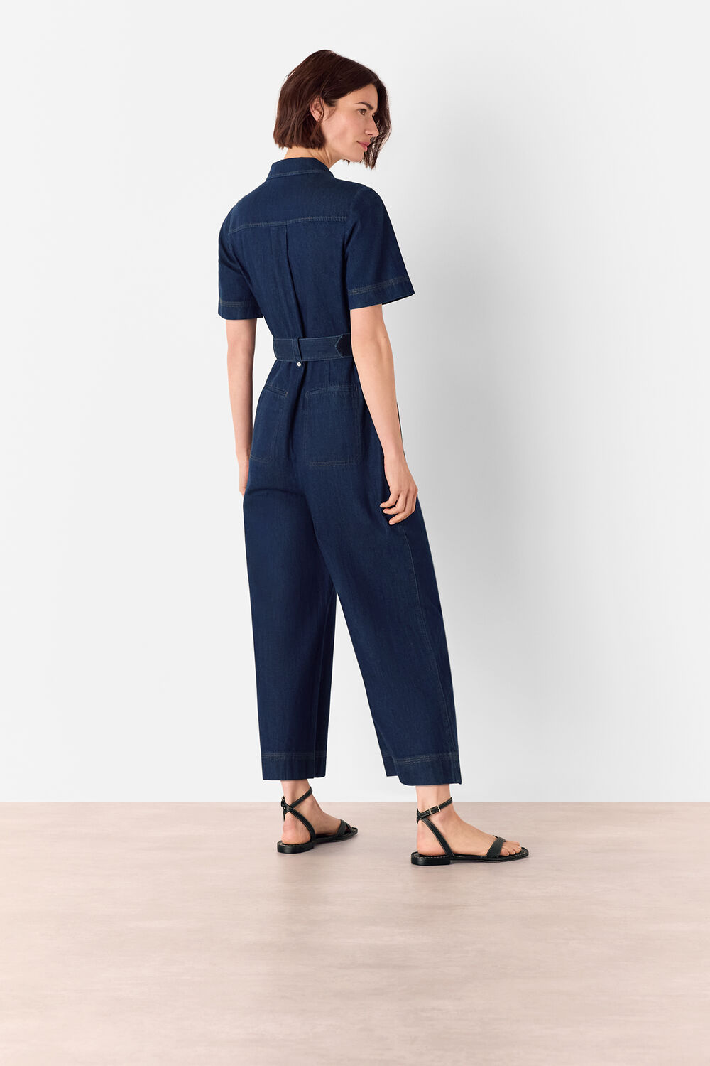 Denim Pintuck Belted Jumpsuit