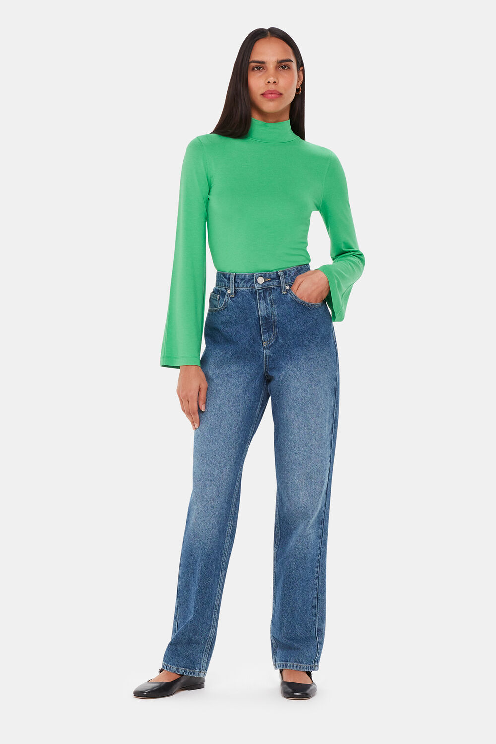 Green Wide Sleeve High Neck Top
