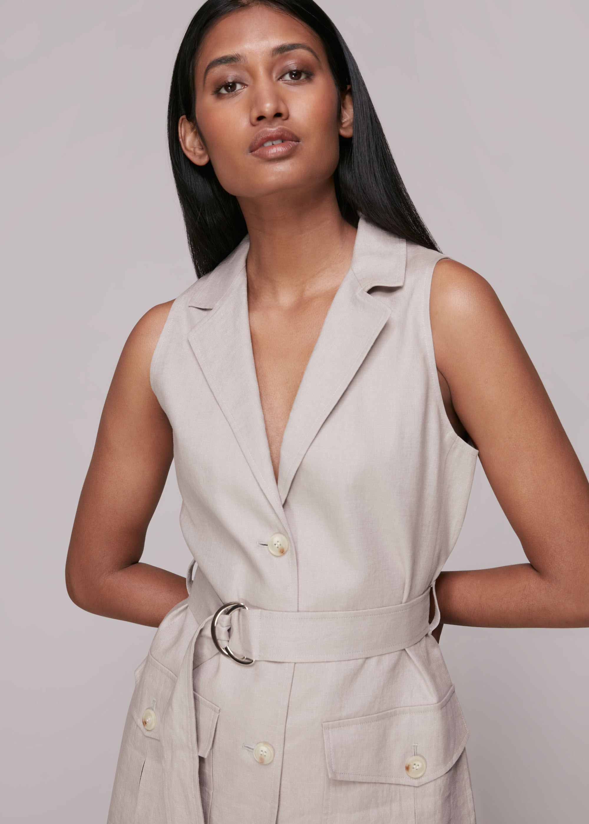 Grey Linen Belted Waistcoat | WHISTLES | Whistles US |