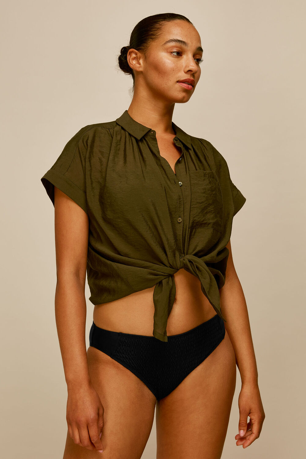 Black Shirred Panelled Bikini Bottom