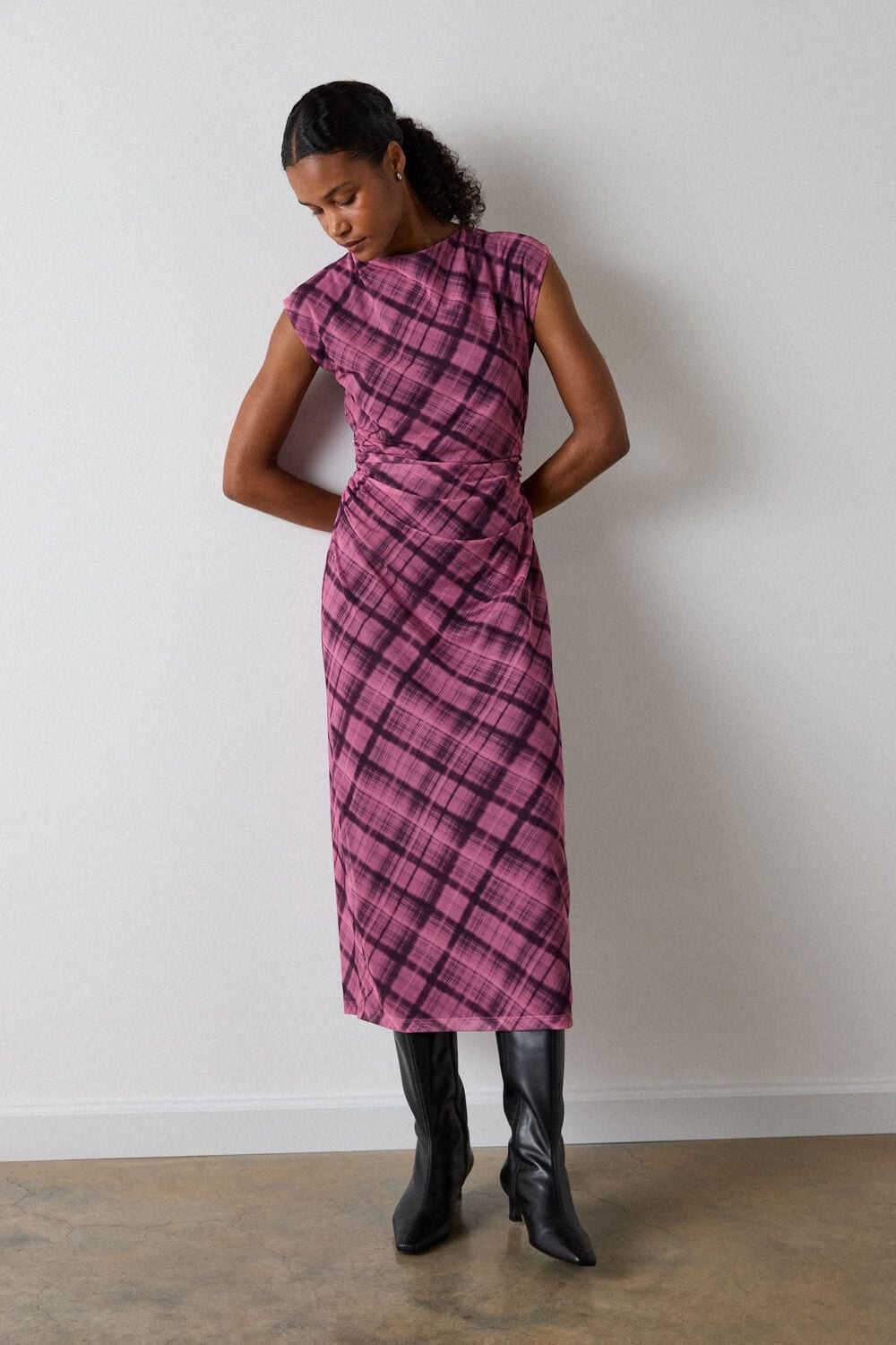 Pink Check Mesh Midi Dress