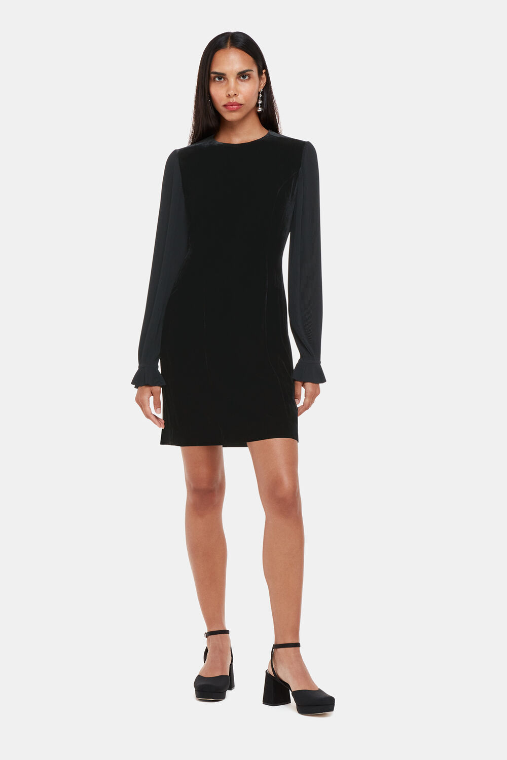 Black Velvet Pleat Sleeve Mini Dress
