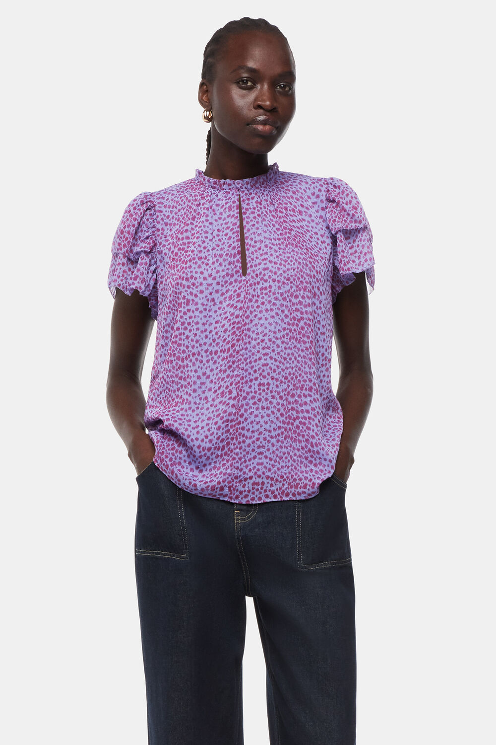 Purple Sketched Cheetah Frill Top