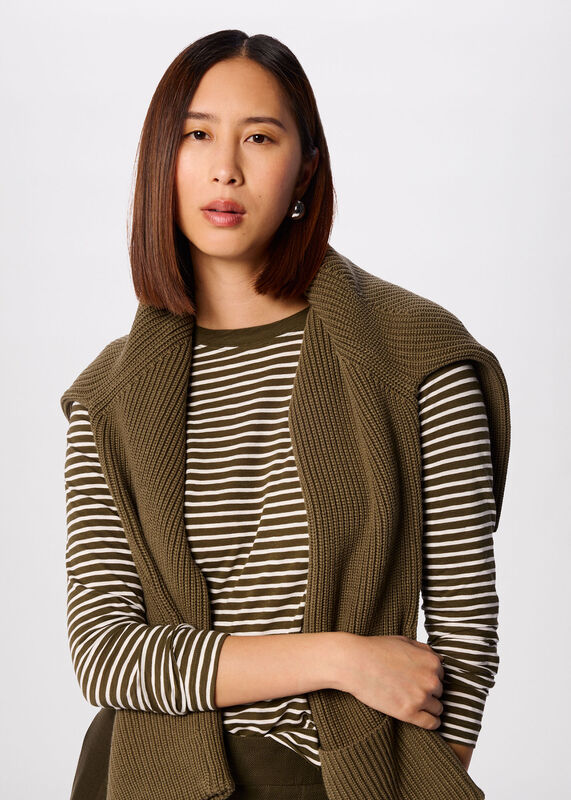 Khaki Stripe Crew Neck Pocket Top