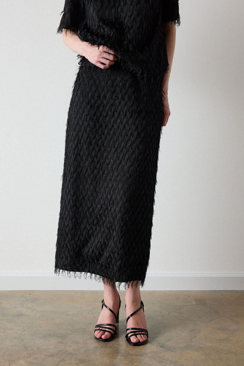 Black Fringe Textured Midi Skirt