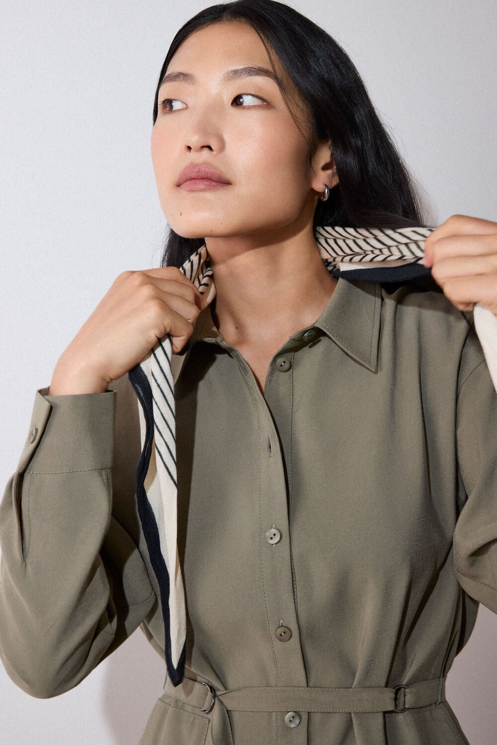 Khaki Ring Detail Shirt Twill Dress