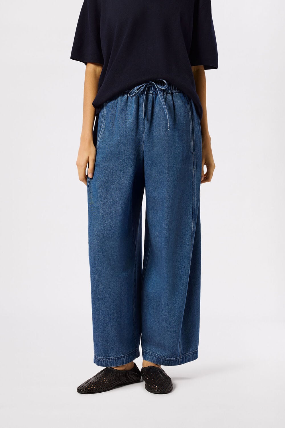 Blue Denim Casual Drawstring Barrel Trouser
