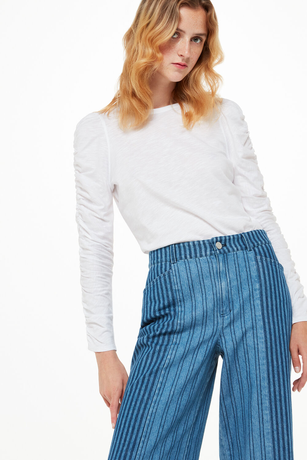 White Ruched Sleeve Top