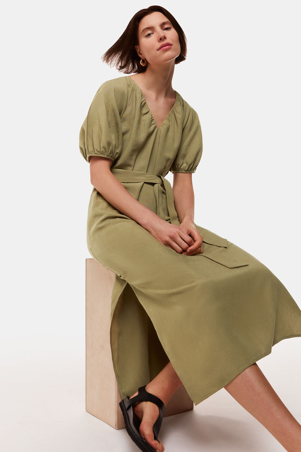 Khaki Ariella Linen Blend Midi Dress