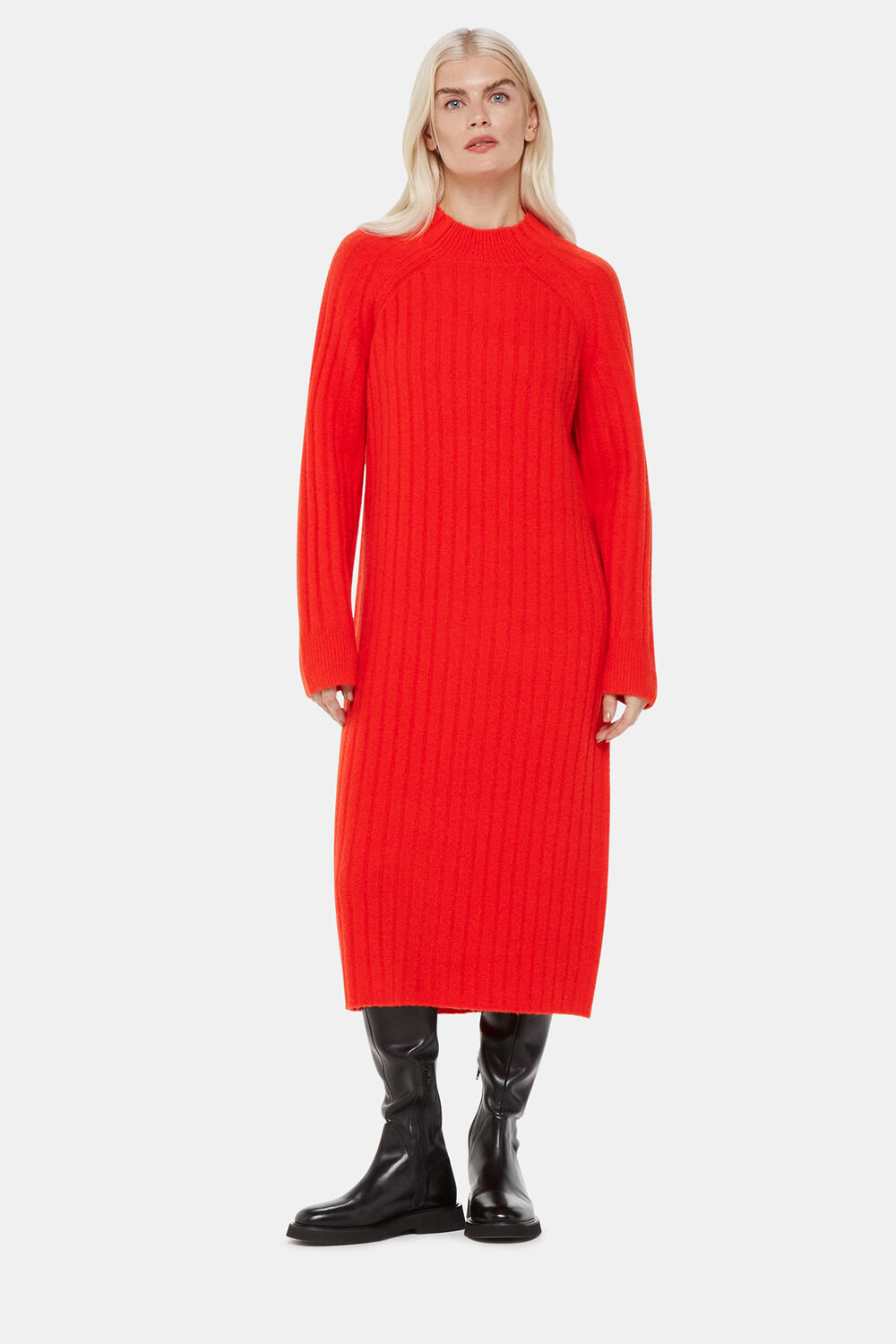 Red Petite Ribbed Knitted Midi Dress