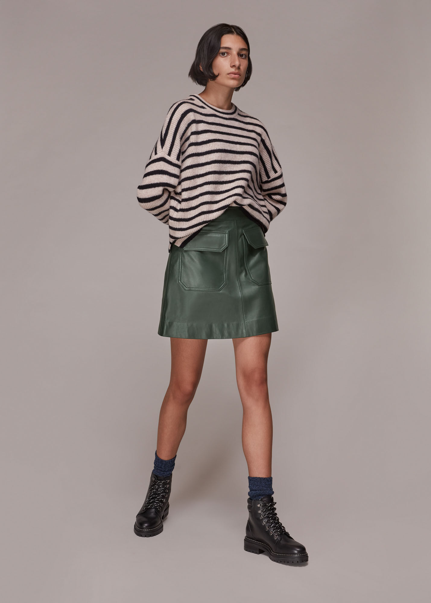Dark Green Military Leather Pocket Skirt | WHISTLES