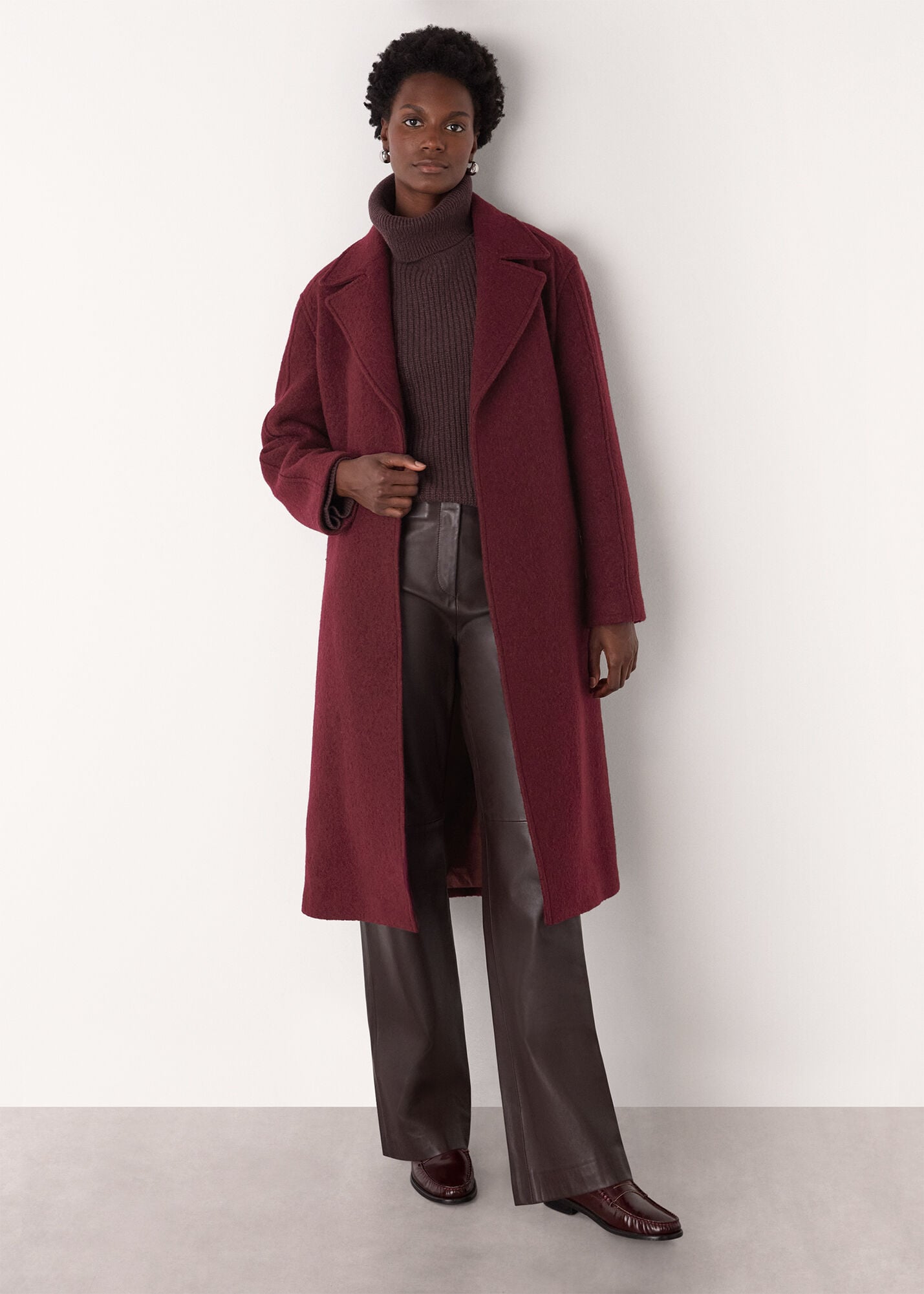 Burgundy Long Belted Wool Coat | WHISTLES | Whistles US |
