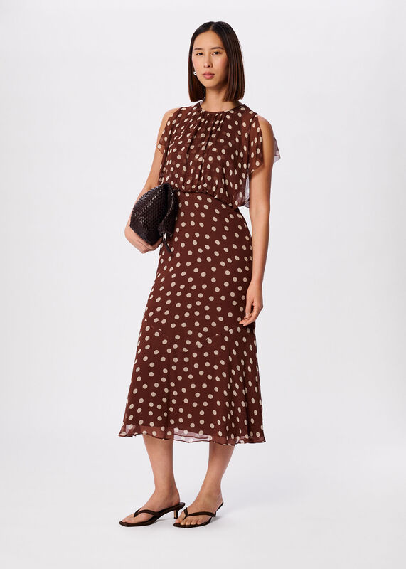 Brown Polka Dot Print Midi Dress