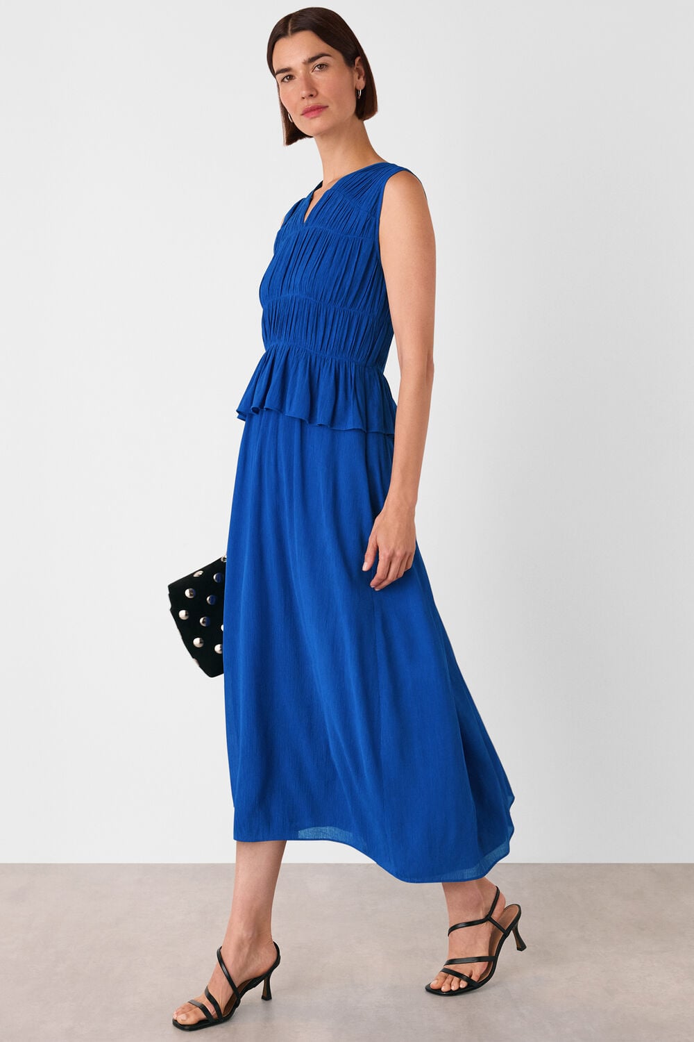 Cobalt Blue Shirred V Neck Midi Dress