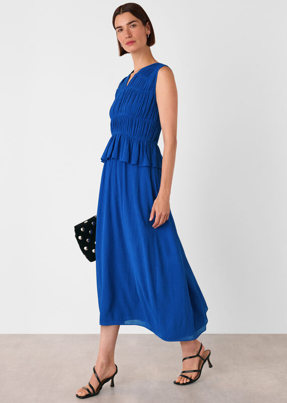 Cobalt Blue Shirred V Neck Midi Dress