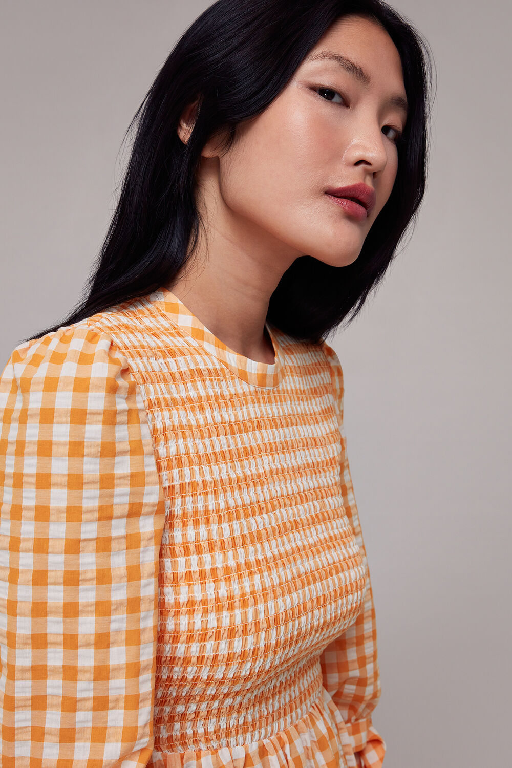 Gingham Check Shirred Dress