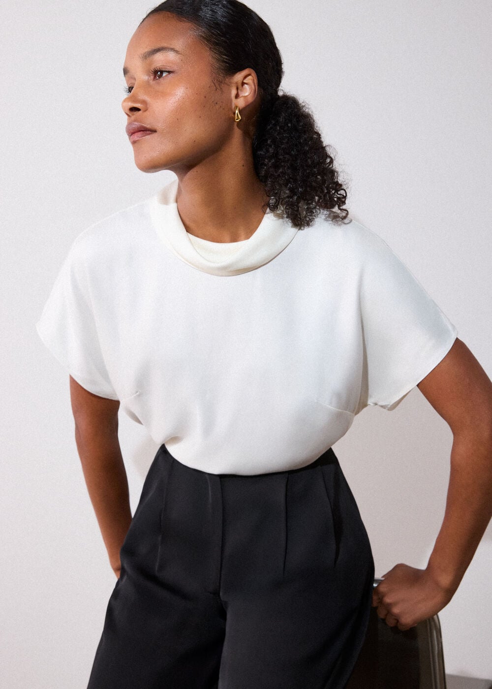 Ivory Cowl Neck Short Sleeve Blouse
