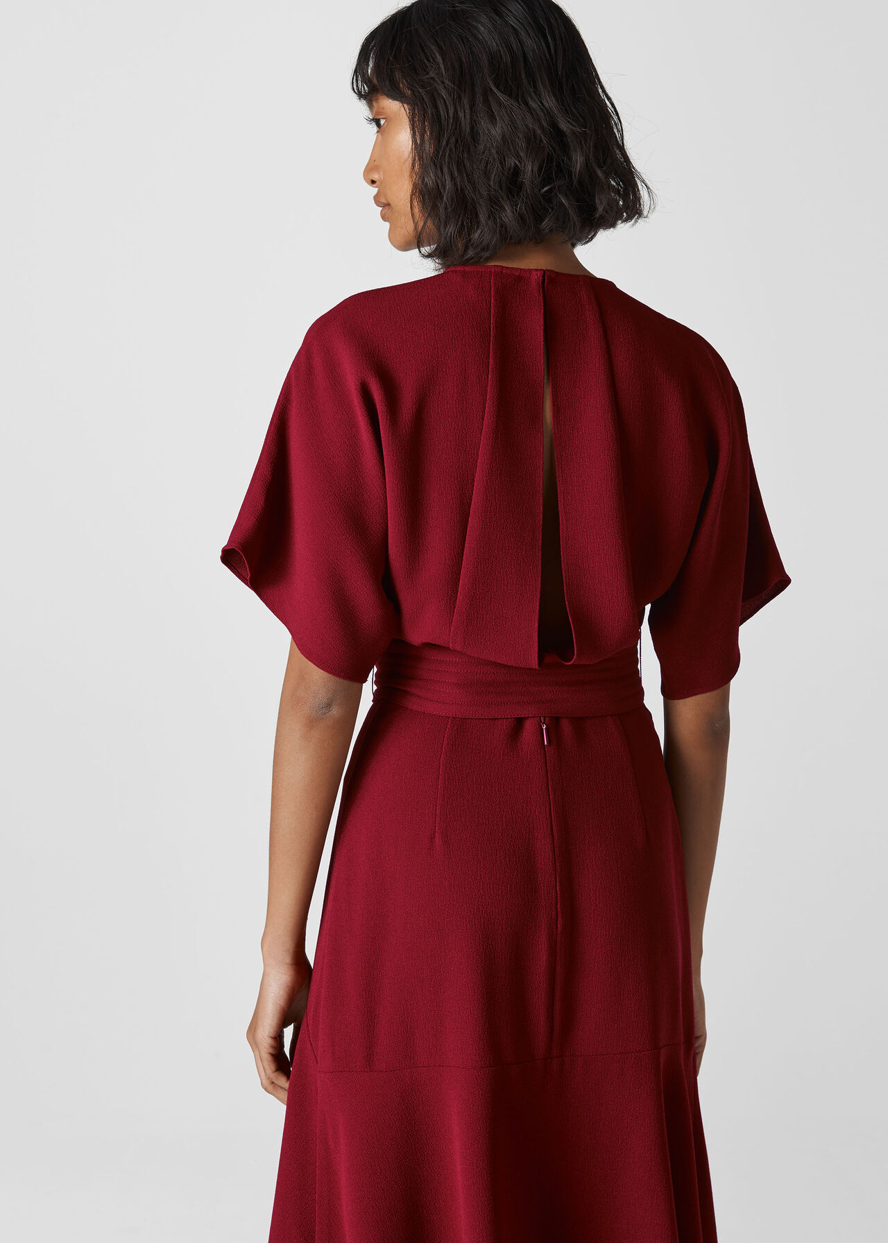Textured Belted Midi Dress Burgundy