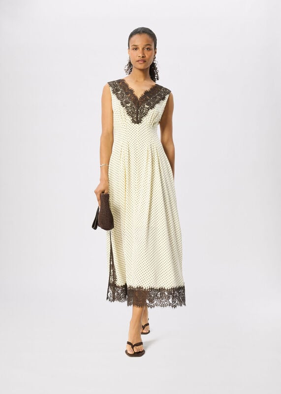 Yellow Petite Lace V Neck Spot Midi Dress