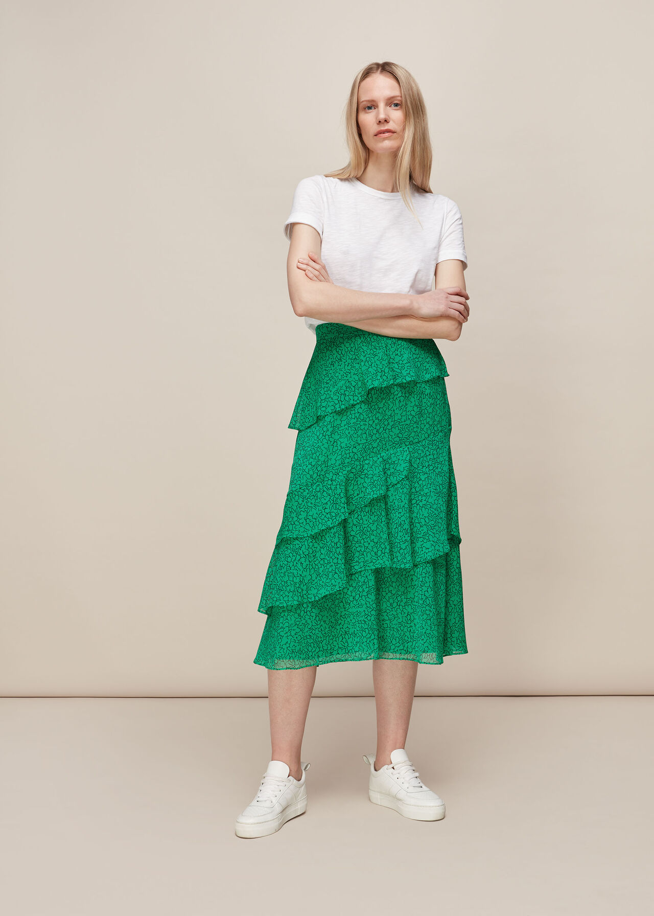 Sketched Floral Tiered Skirt Green/Multi
