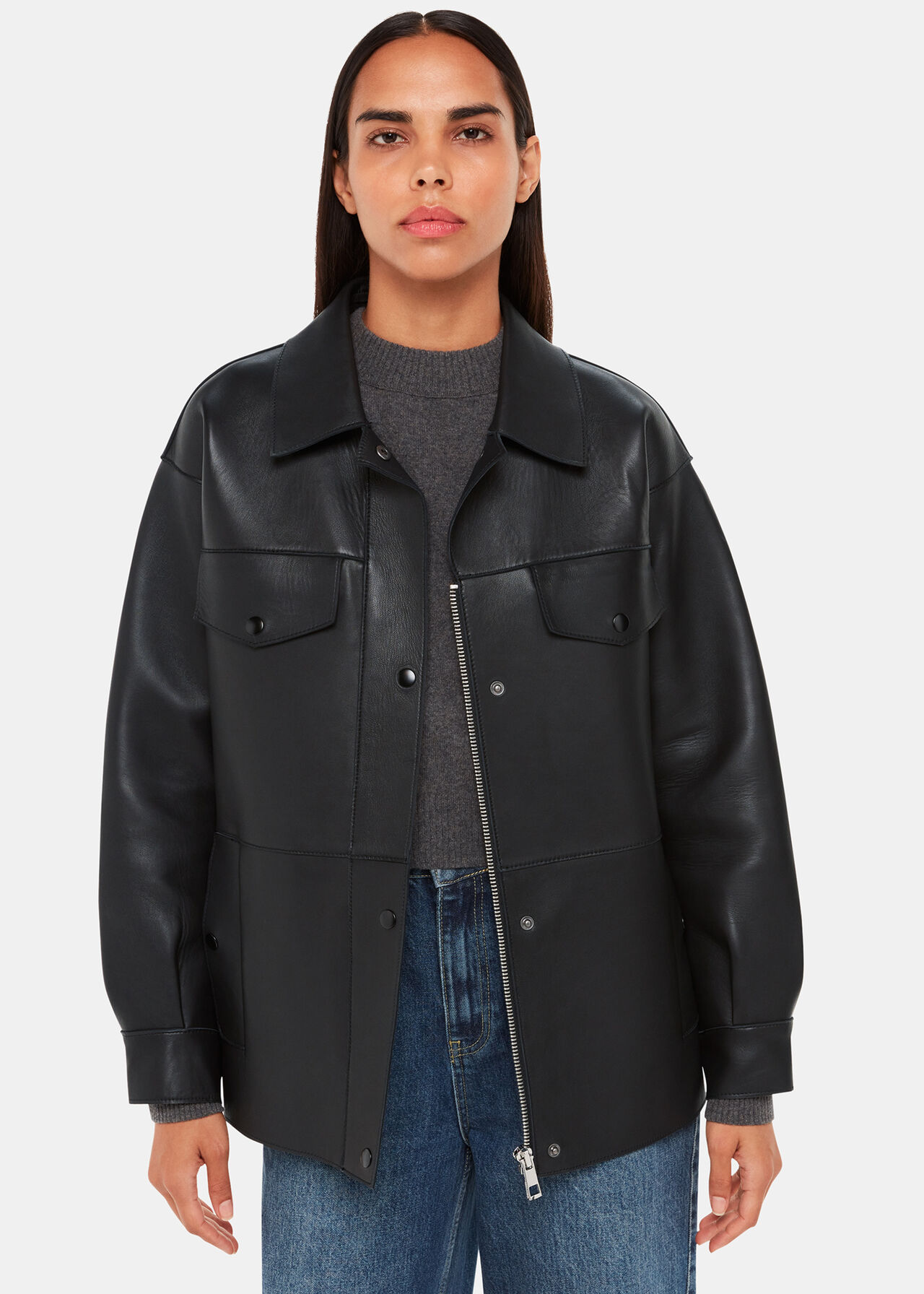 Black Clean Bonded Leather Jacket, WHISTLES
