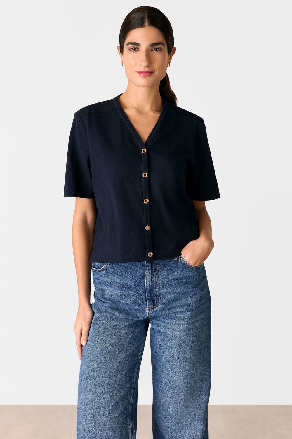 Navy Ella V Neck Button Through Tee
