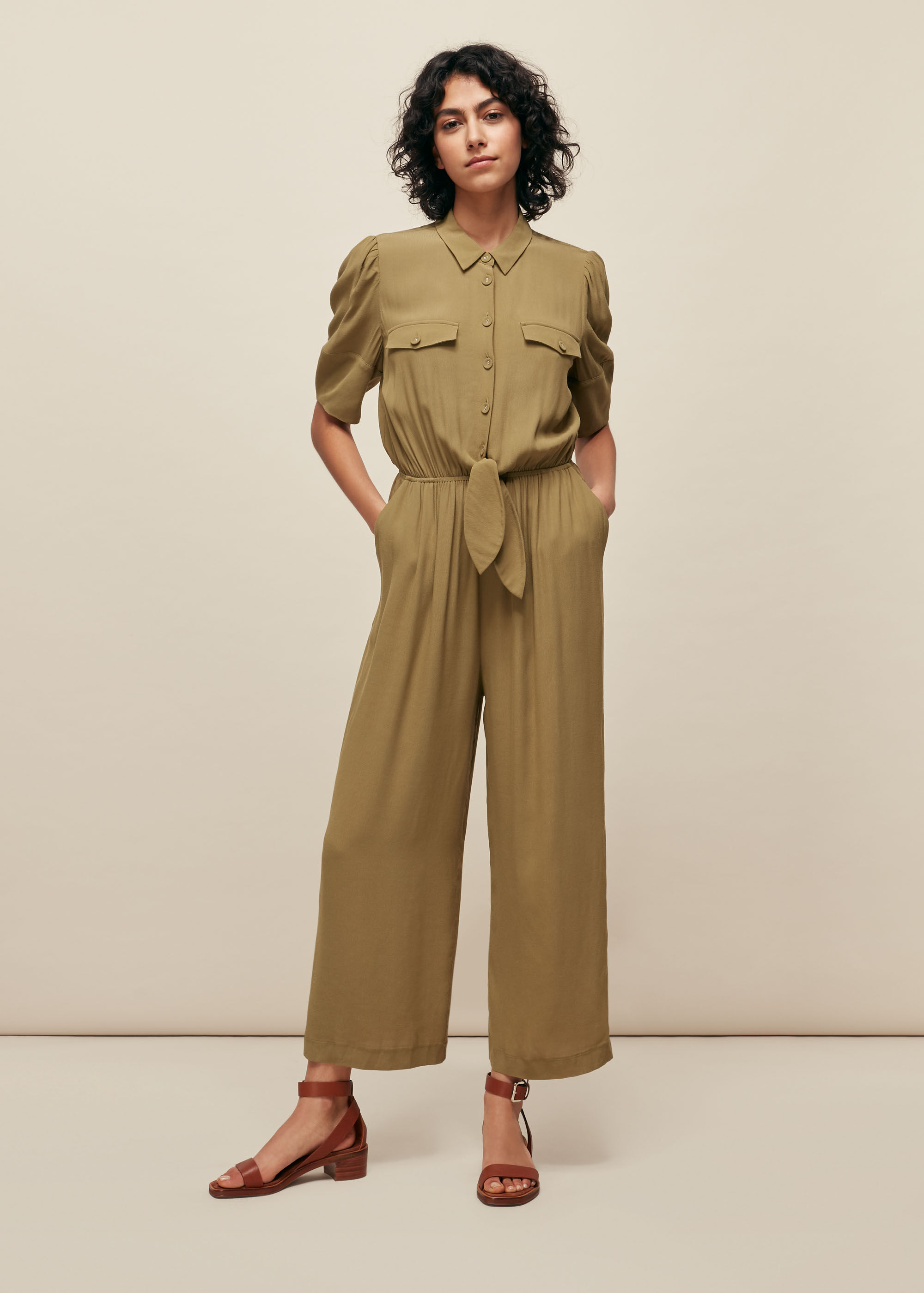 Khaki Hanne Tie Front Jumpsuit WHISTLES