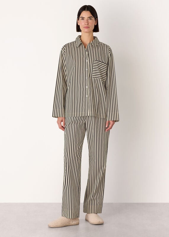 Black Cotton Stripe Pajama Shirt 