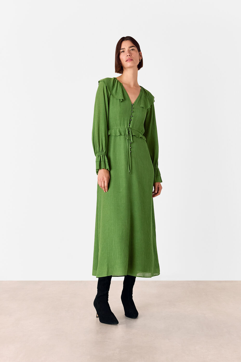 Green Frill Boho Midi Dress