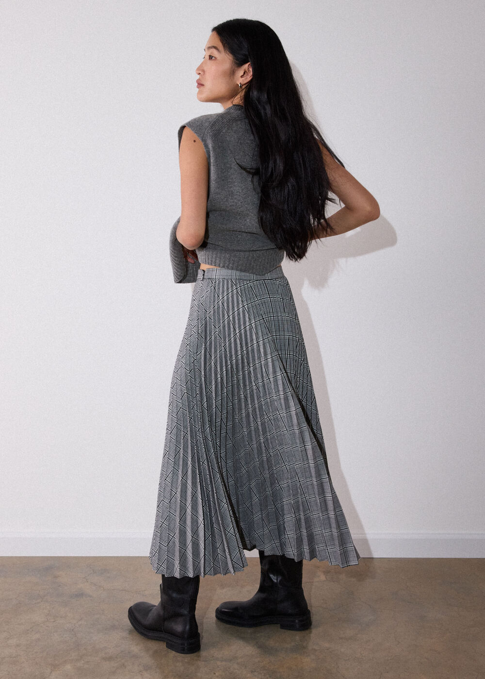 Petite Check Pleated Midi Skirt