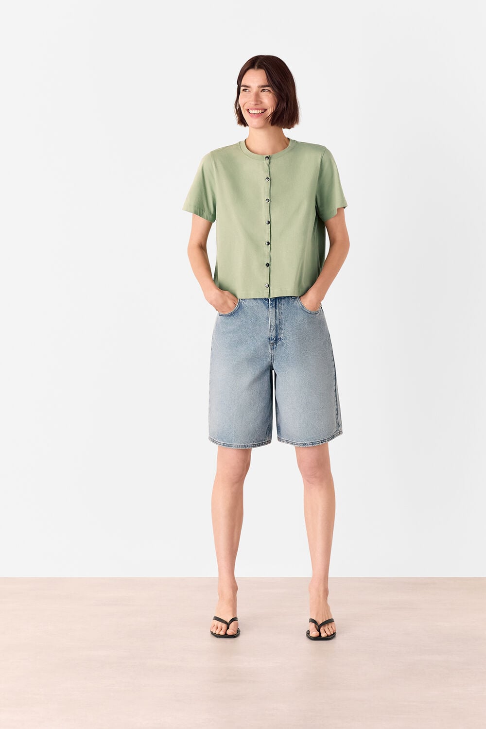 Round Neck Button Up Tee