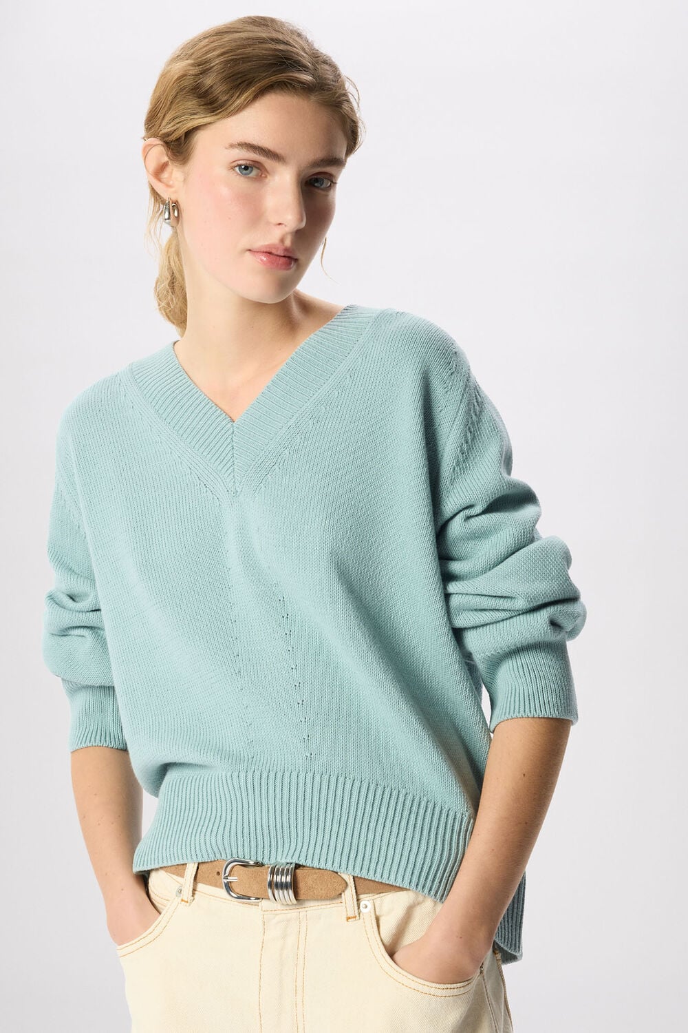 Blue Cotton V Neck Relaxed Knit