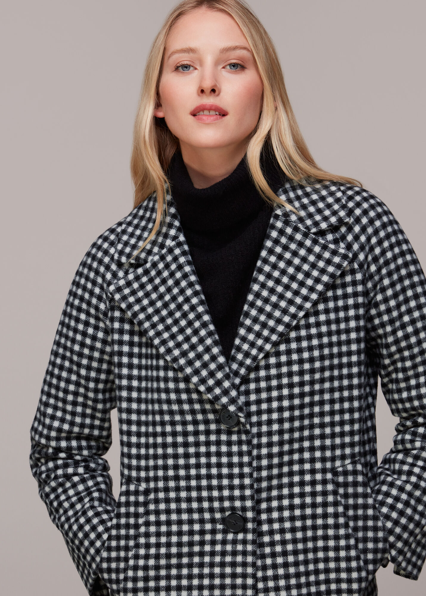 Black/Multi Gingham Wool Blend Cocoon Coat | WHISTLES | Whistles US |