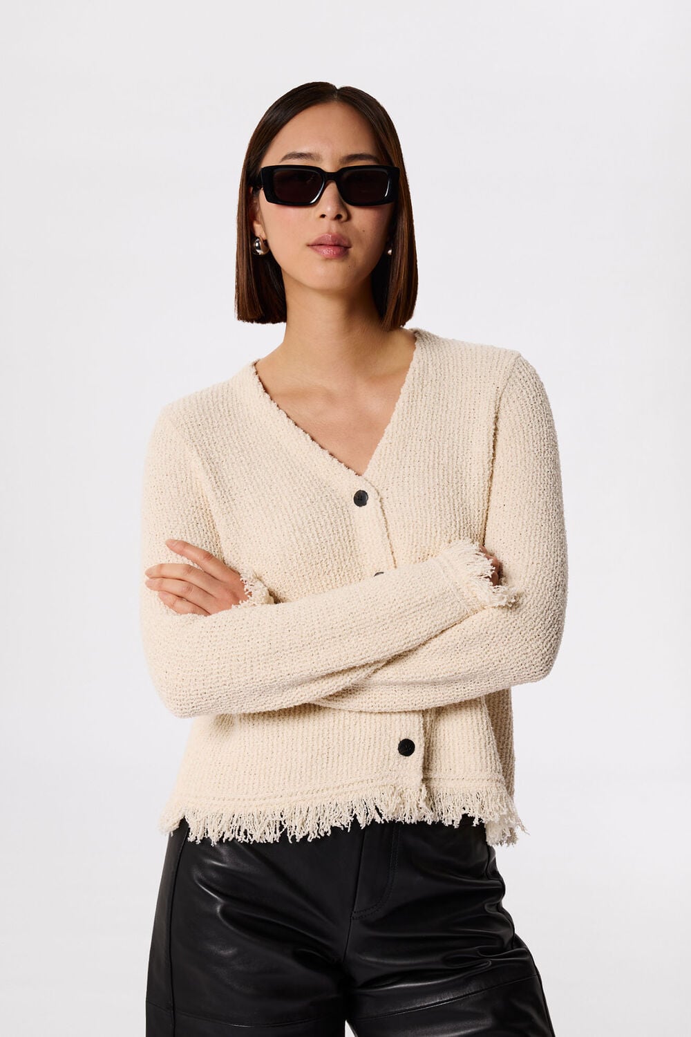 Ivory Cotton Boucle Fringe Cardigan