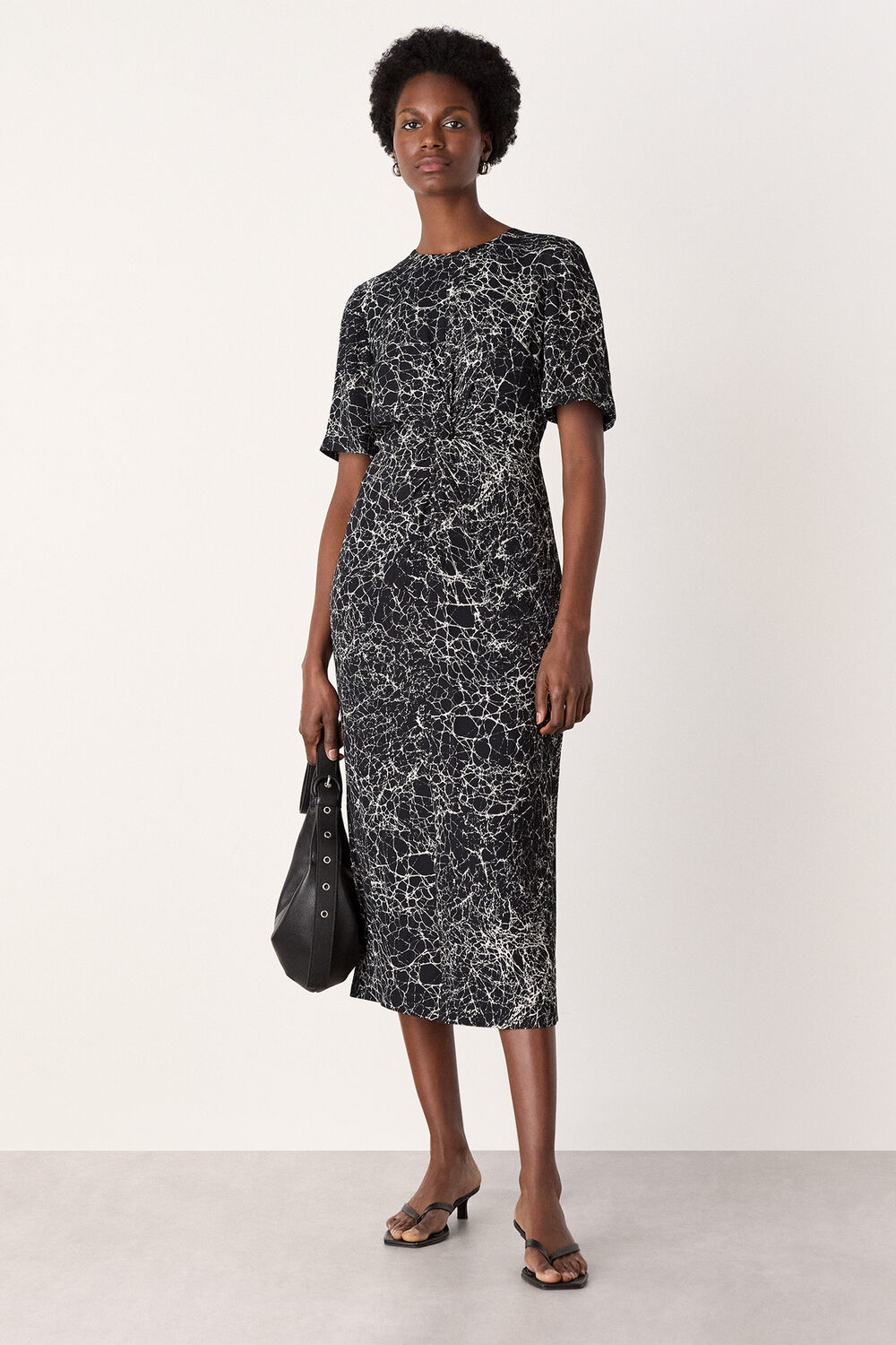 Navy Crackle Print Twist Midi Dress