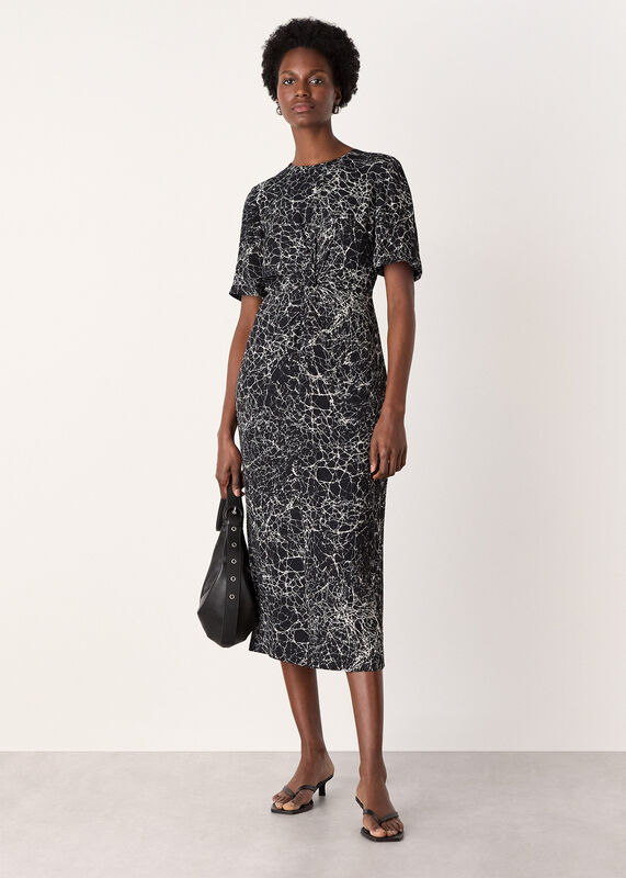 Navy Crackle Print Twist Midi Dress