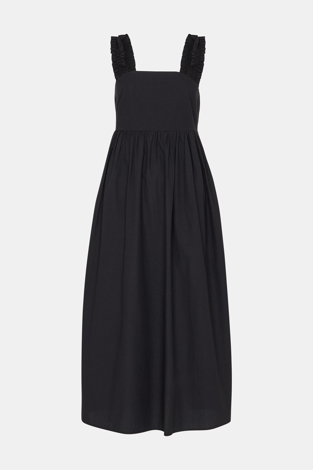 Black Ruffle Strap Poplin Midi Dress