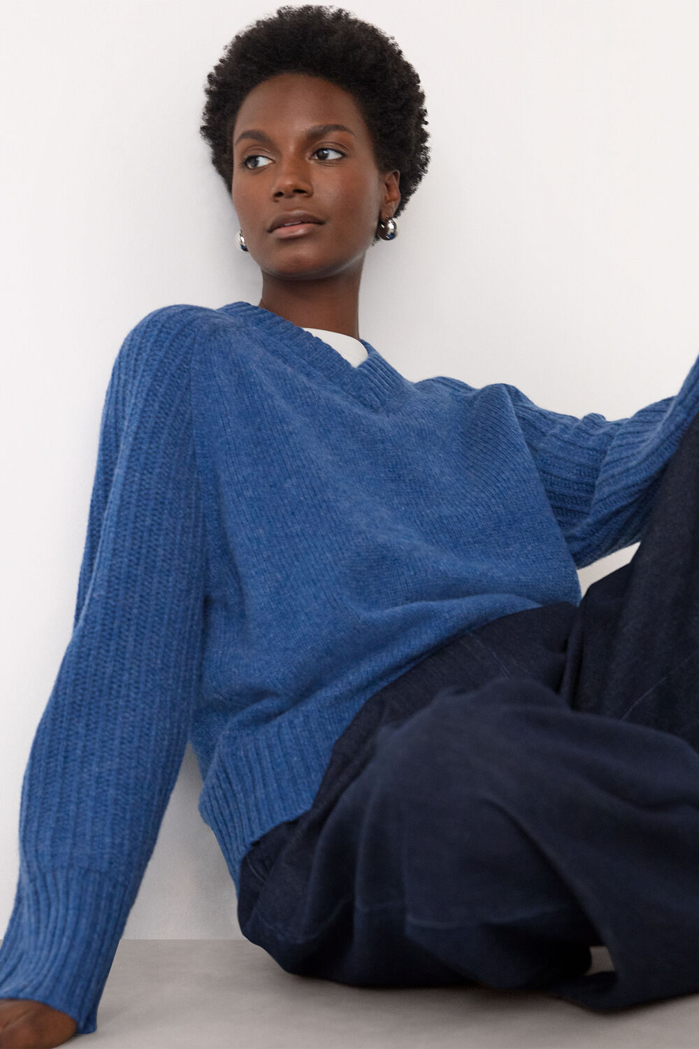 Blue Wool Ribbed Sleeve V Neck Knit