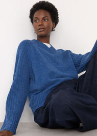 Wool Ribbed Sleeve V Neck Knit
