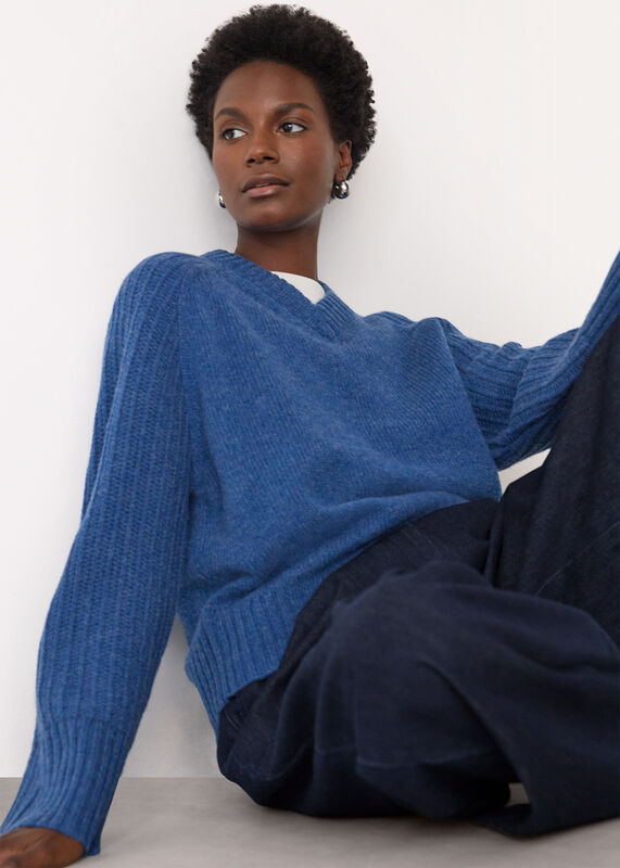 Blue Wool Ribbed Sleeve V Neck Knit