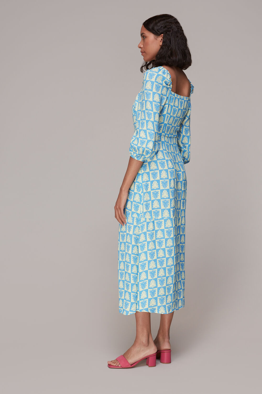 Blue Checkerboard Shells Midi Dress
