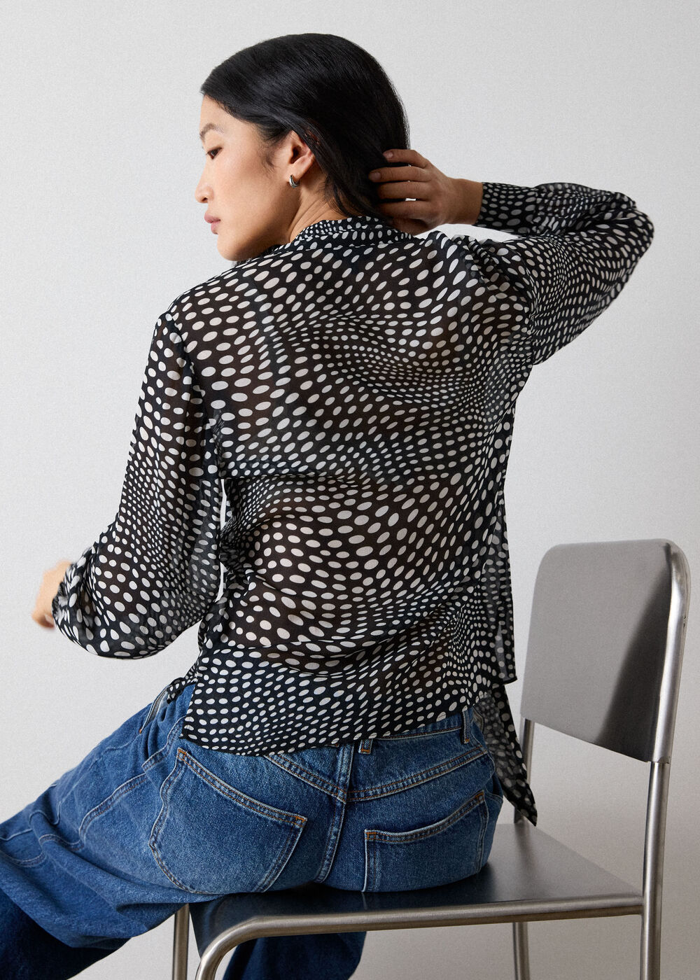 Black Mixed Spot Scarf Sheer Blouse