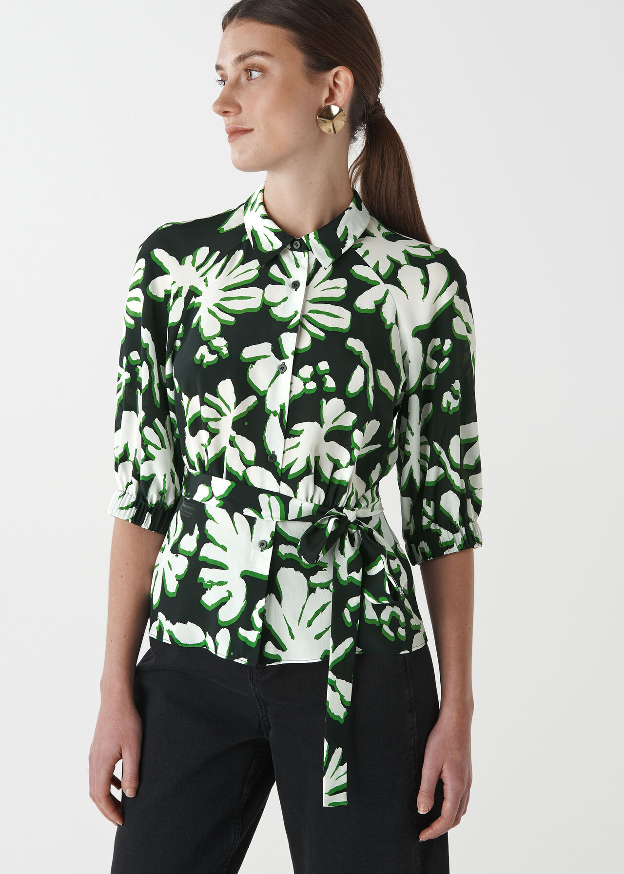 Palm Leaf Print Silk Shirt Green/Multi