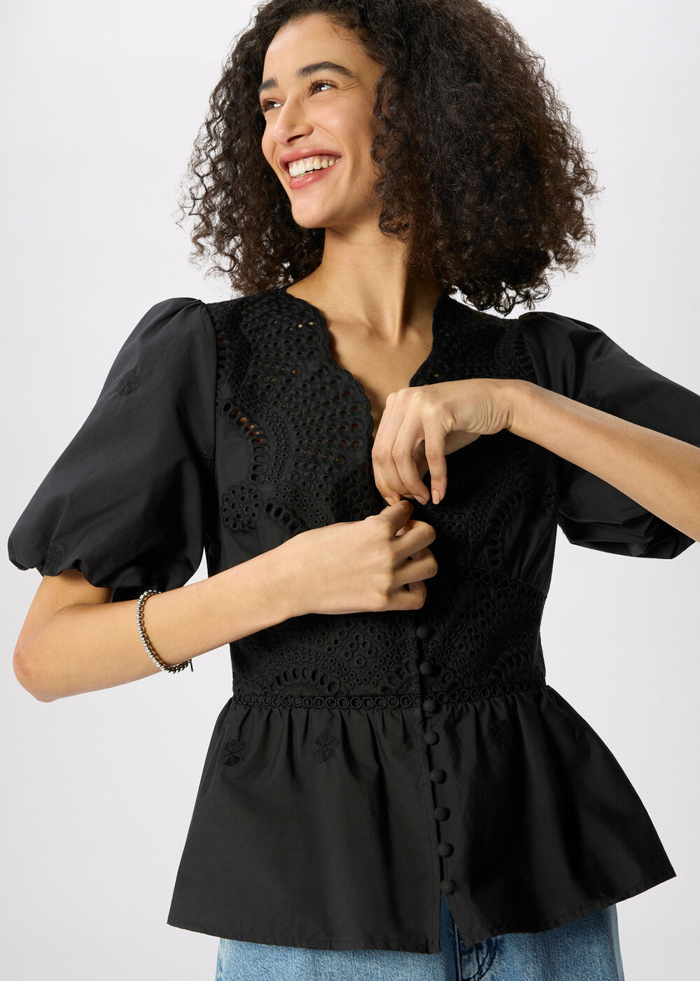 Cotton Broderie V Neck Blouse
