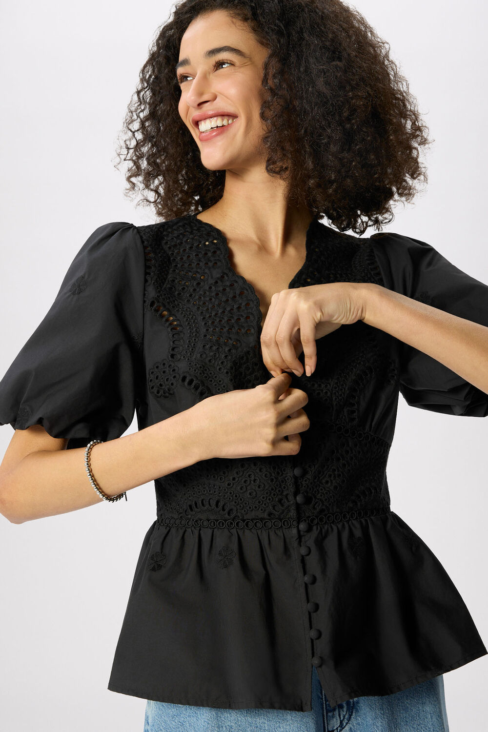 Black Cotton Broderie V Neck Blouse