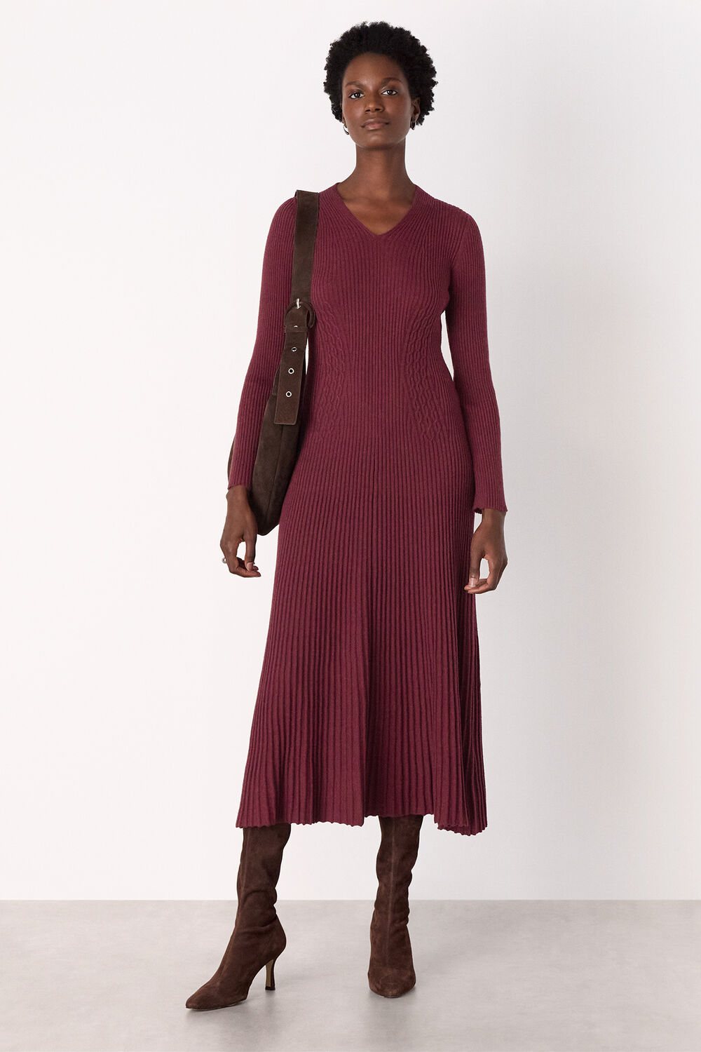 V Neck Cable Ribbed Knit Dress