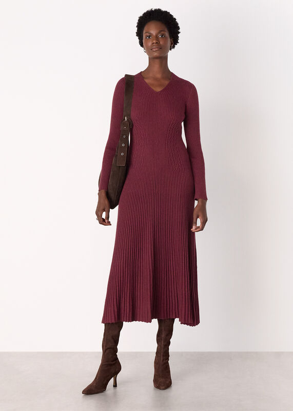 Burgundy V Neck Cable Ribbed Knit Dress