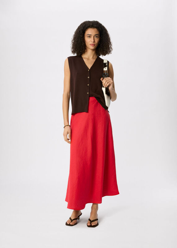 Red Linen Midi Skirt
